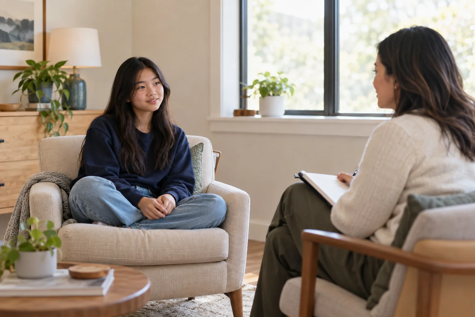 AI-generated teen speaking with a counselor in a quiet room, illustrating teen trauma and PTSD treatment.