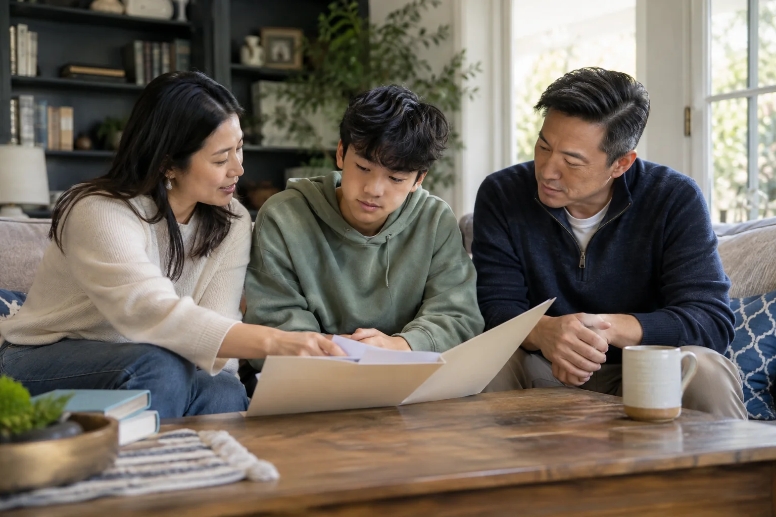 AI-generated teen and parents reviewing a folder at home, illustrating preparation for teen residential treatment.