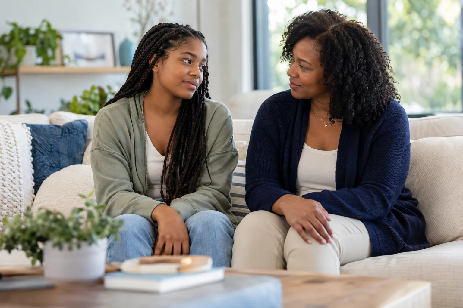 AI-generated mother listening to her teen on a sofa, illustrating family support during teen self-harm treatment.