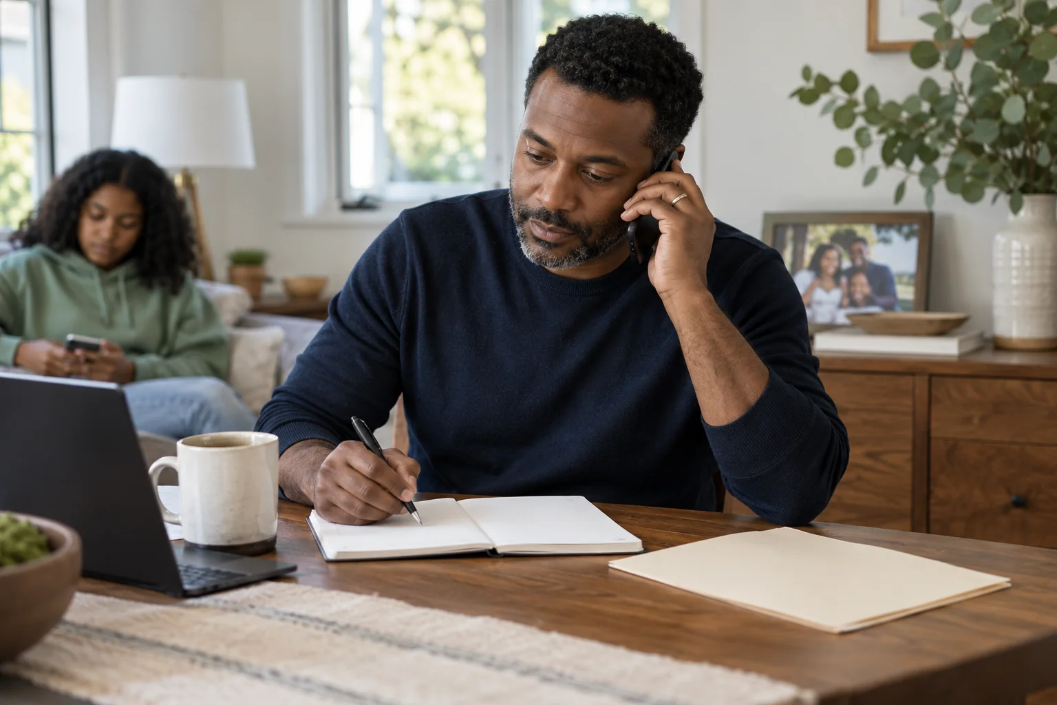 AI-generated parent taking notes on a phone call about teen mental health treatment costs and insurance.