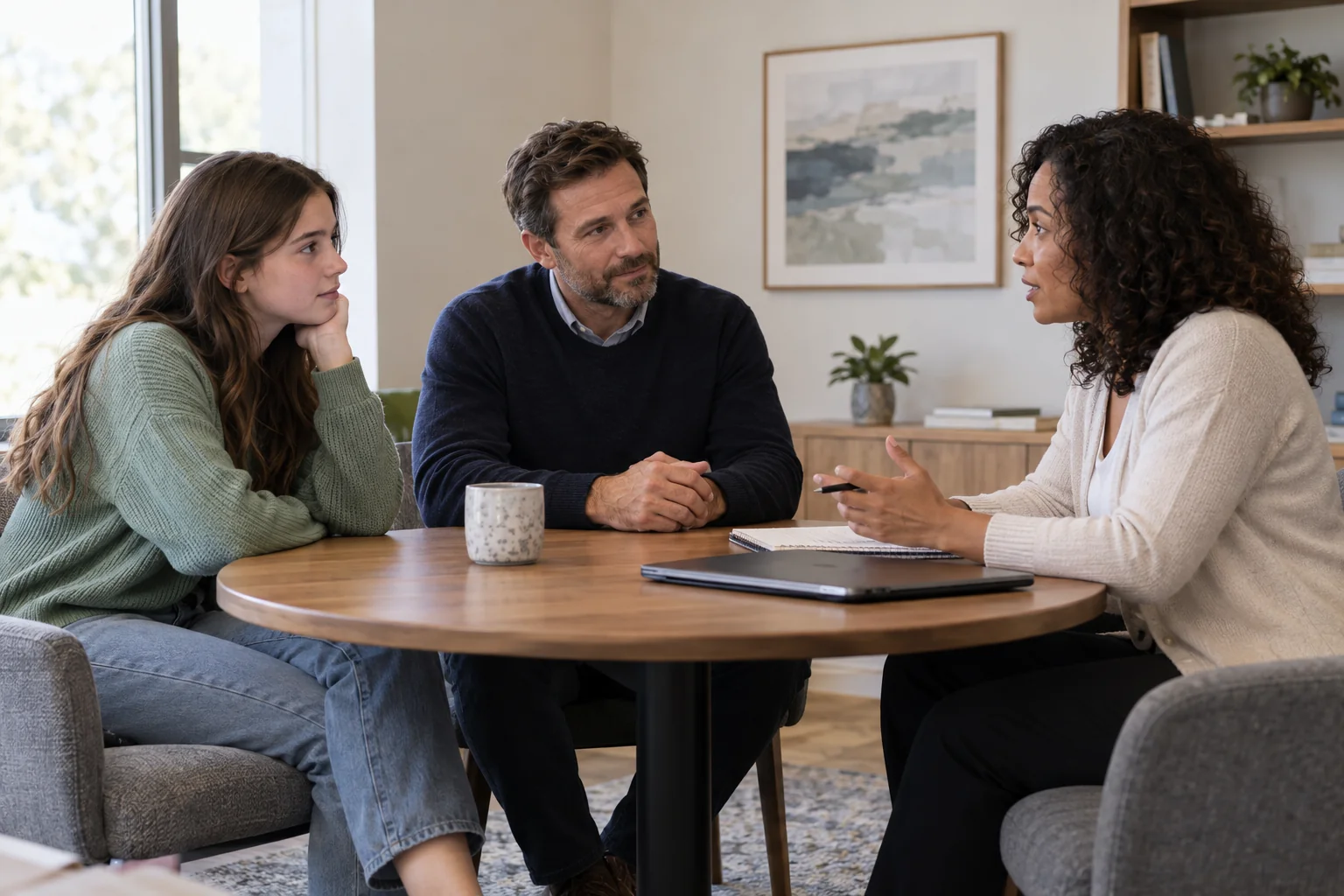 AI-generated teen and parent meeting with a clinician to discuss residential treatment versus hospitalization.