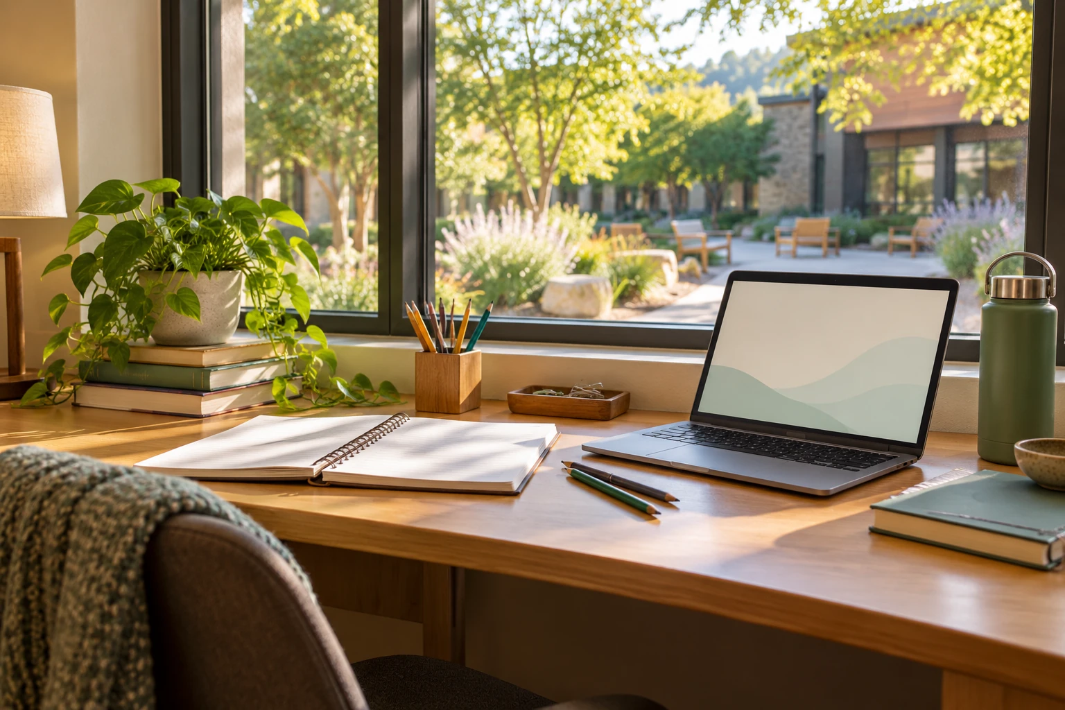 Illustrative study desk with notebook and laptop. Not Rise patients, staff, or a Rise facility.