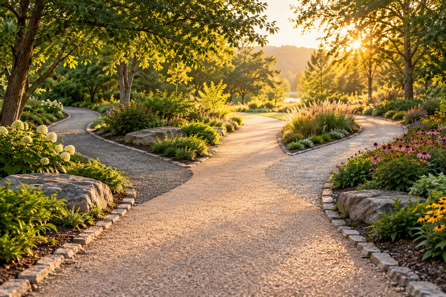 Illustrative garden paths joining together. Not Rise patients, staff, or a Rise facility.