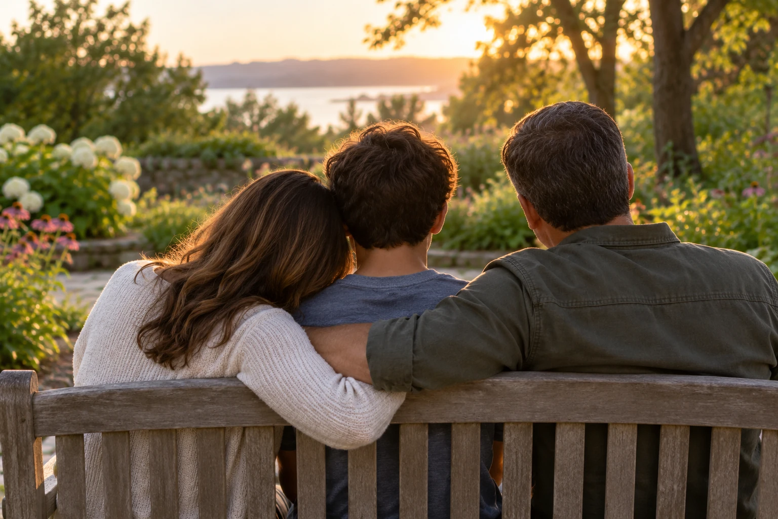 Illustrative family sitting together outdoors. Not Rise patients, staff, or a Rise facility.