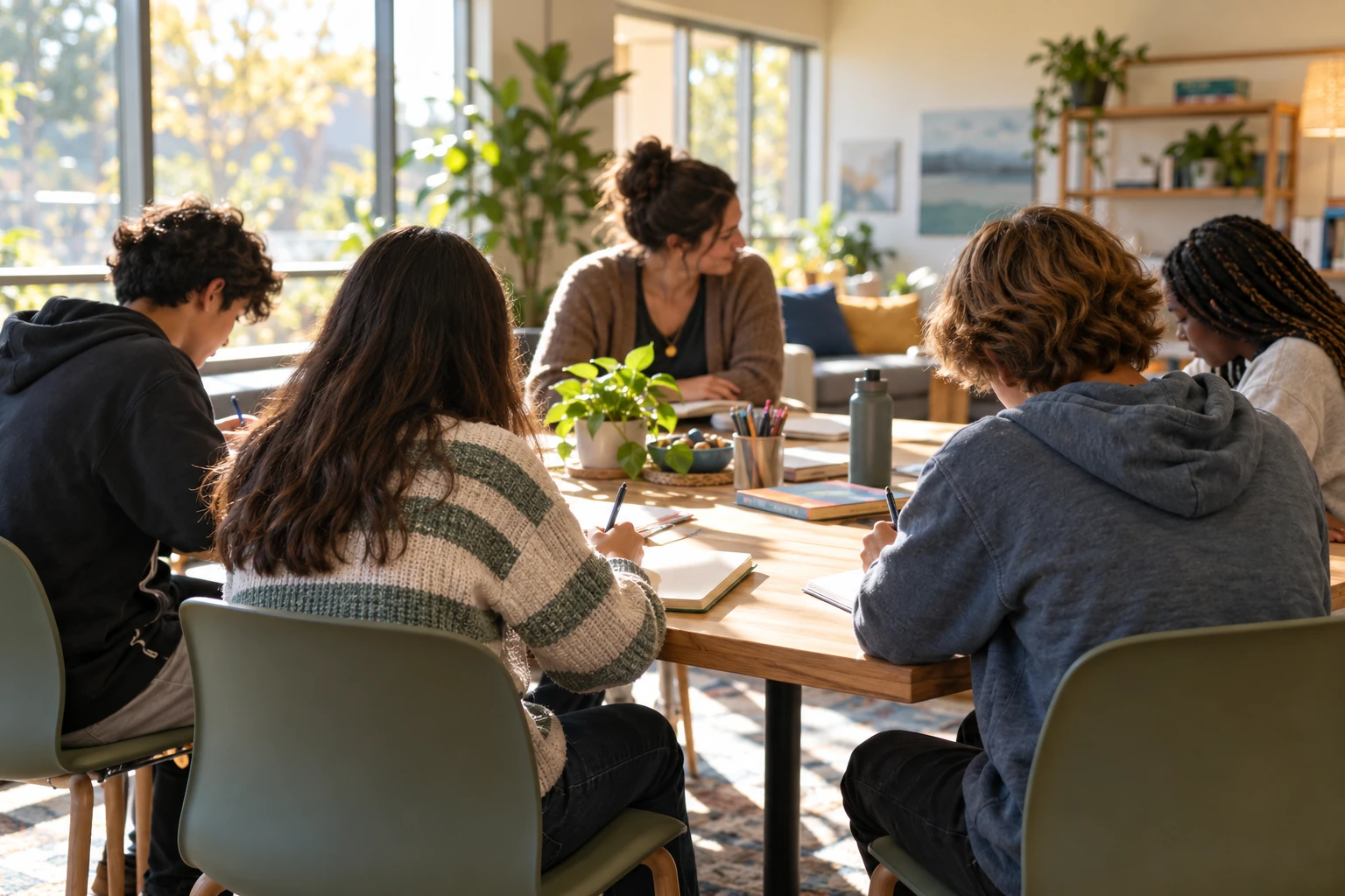 Illustrative group activity in a sunlit room. Not Rise patients, staff, or a Rise facility.