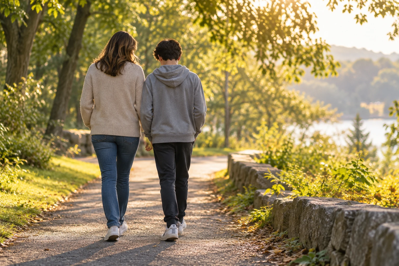 Illustrative parent and teen walking together outdoors. Not Rise patients, staff, or a Rise facility.