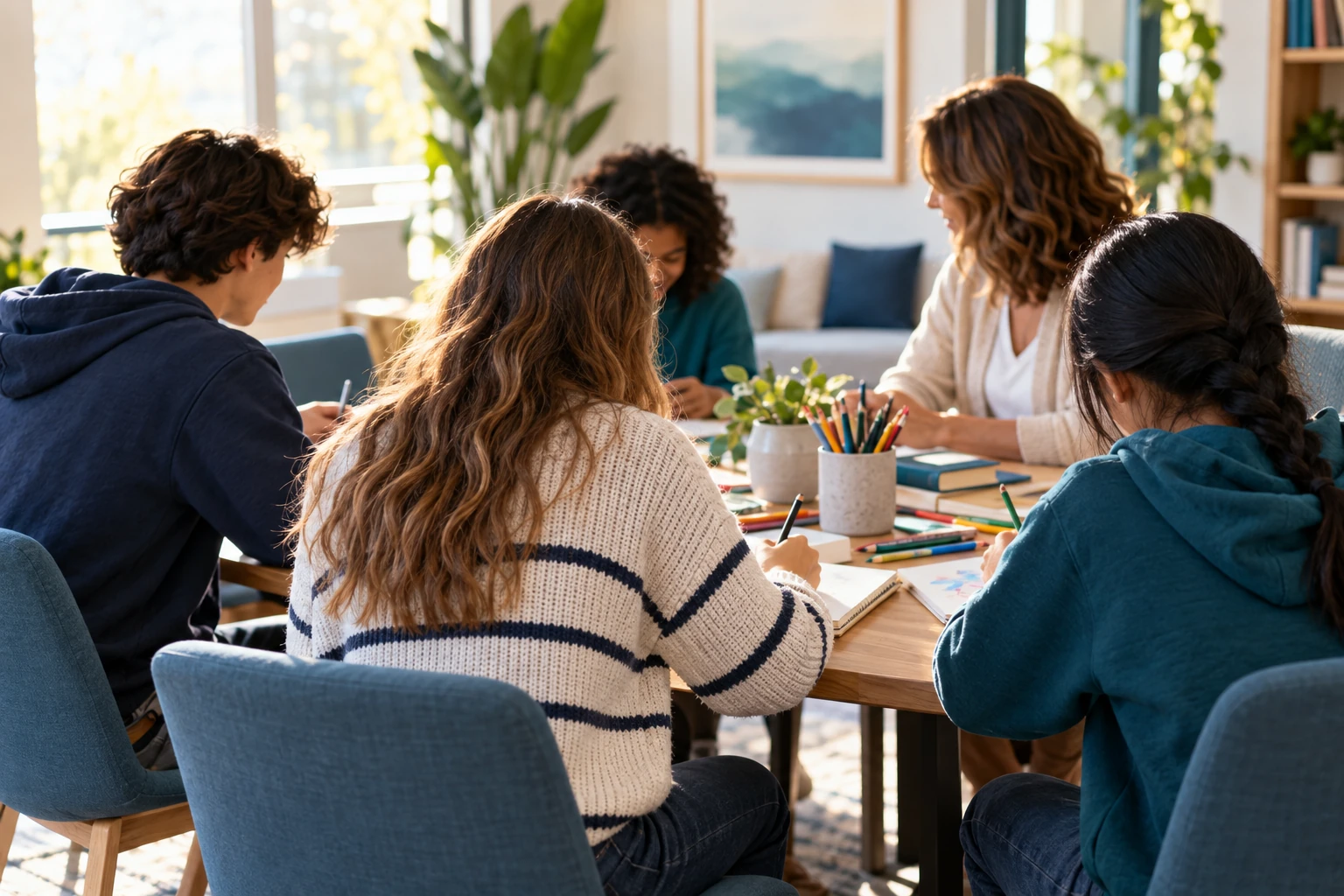 Illustrative image of teens and an adult working together around a table in a sunlit room. Not Rise patients, staff, or a Rise facility.