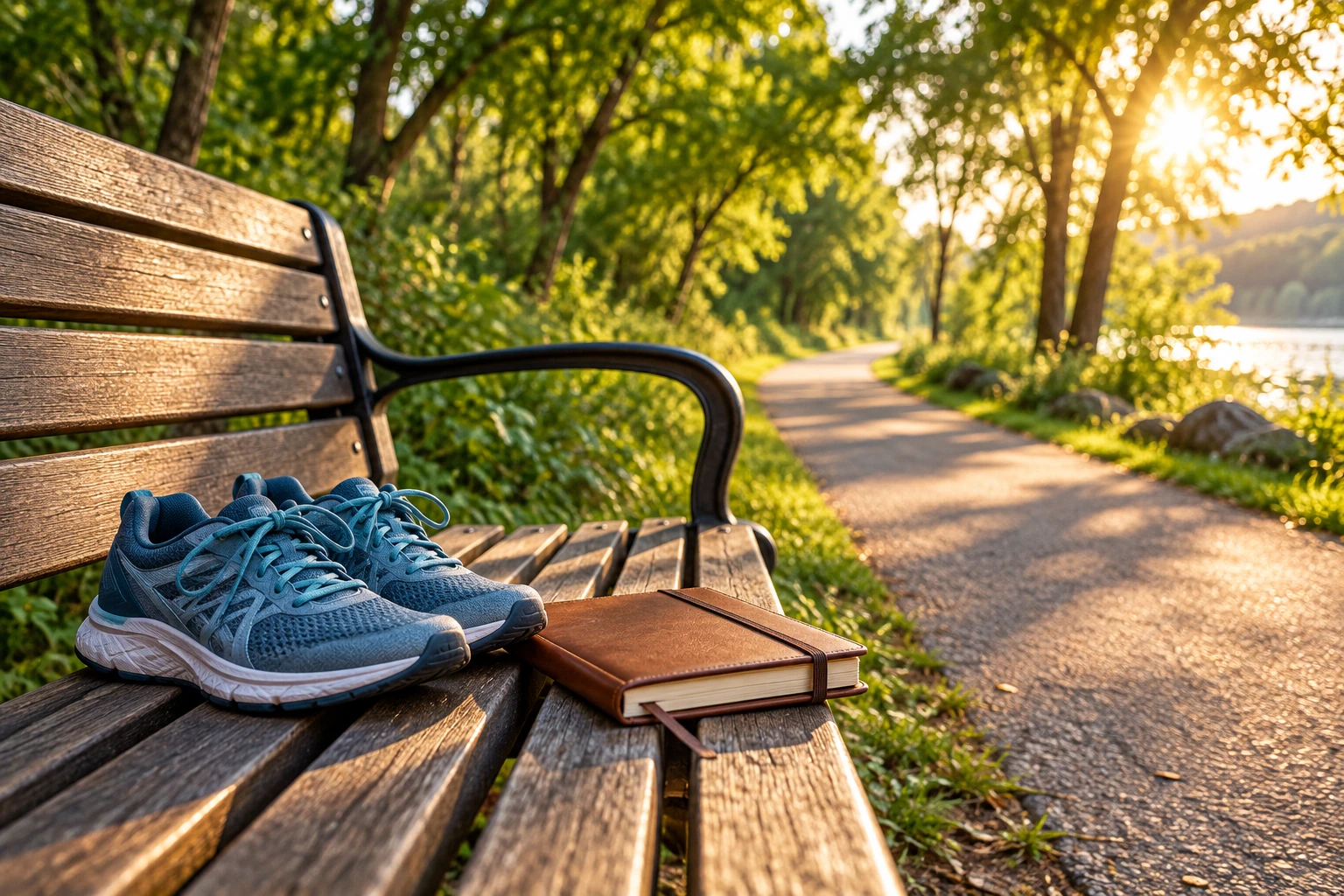 Illustrative journal and running shoes beside a park path. Not Rise patients, staff, or a Rise facility.